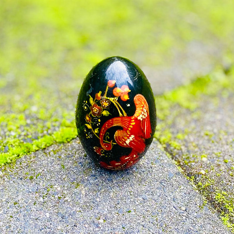 Decorative lacquer egg (wood), hand painted / palekh miniature, red lucky bird, Russia, 1970s