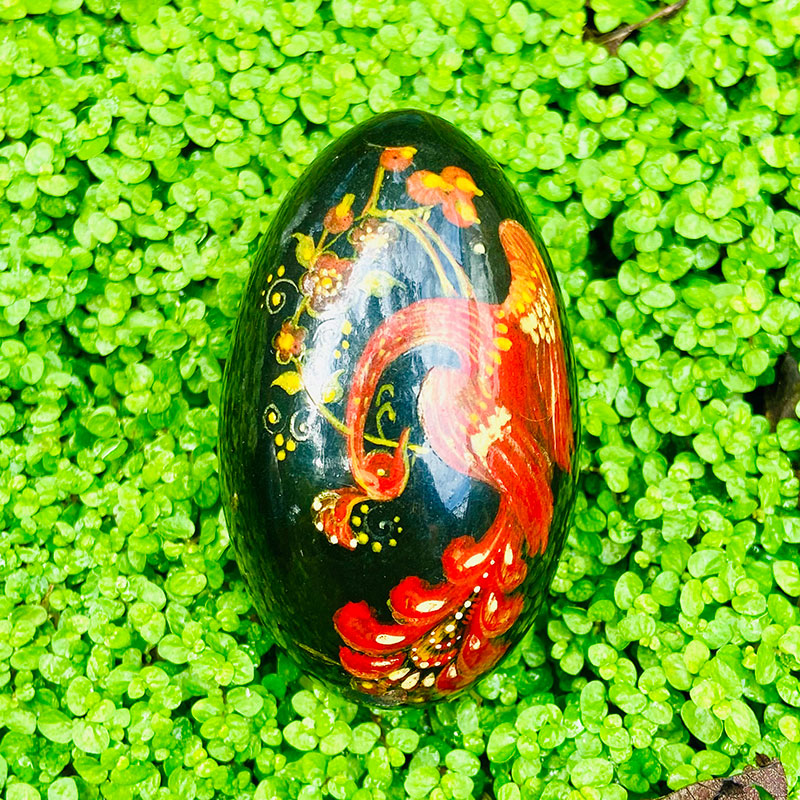 Decorative lacquer egg (wood), hand painted / palekh miniature, red lucky bird, Russia, 1970s