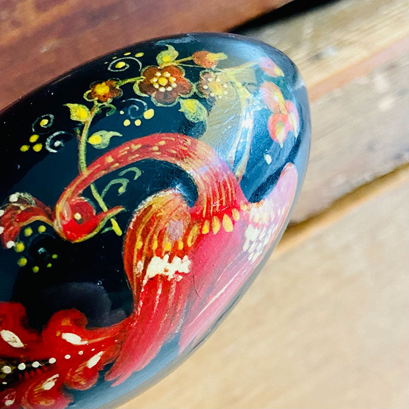 Decorative lacquer egg (wood), hand painted / palekh miniature, red lucky bird, Russia, 1970s